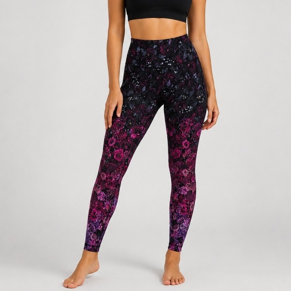 Lululemon Leggings 10 Black‎ Purple Pink Floral Ombre Activewear Workout Gym
